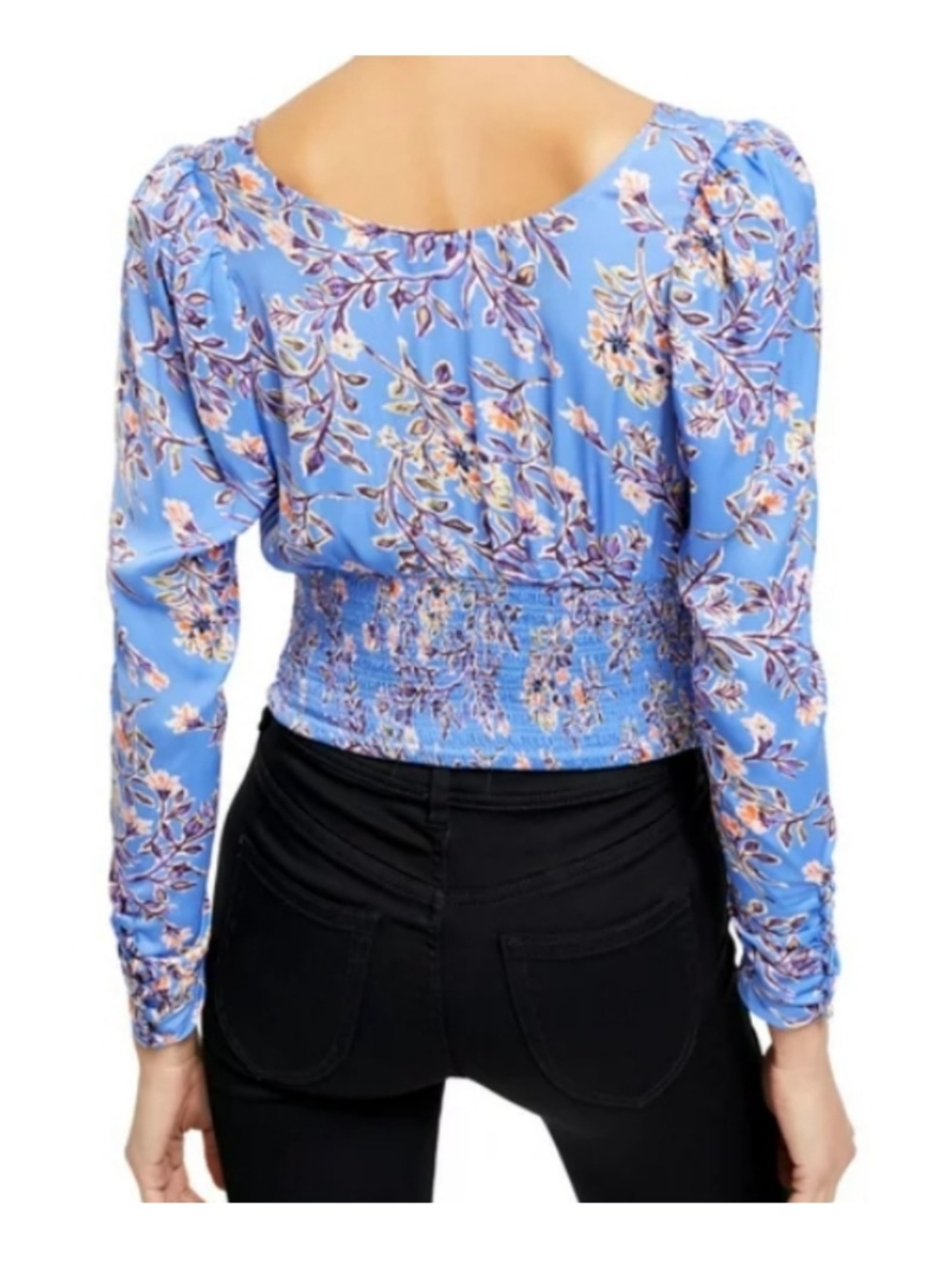 Free People NWT Santiago Smocked Waist Blue Floral Silky Top XL - Picture 3 of 8